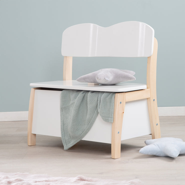Banc à mastication des enfants en bois massif et MDF fabriqué, dos et siège peint blanc