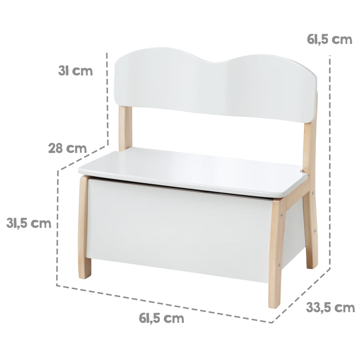 Kindertruhenbank aus Massivholz & MDF gefertigt, Rücken- & Sitzfläche weiß lackiert