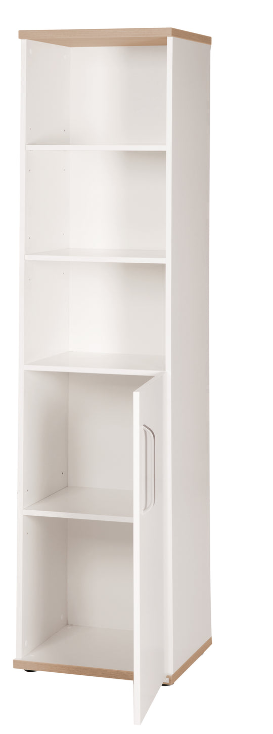 Scaffale 'Pia' con corpo e frontali bianchi, elementi decorativi 'Rovere San Remo', ripiano in legno