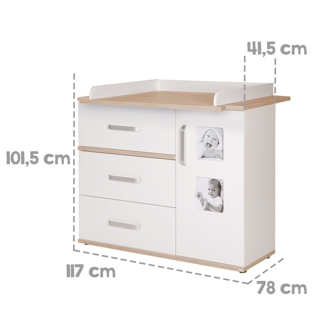 Babymöbel-Set 'Pia', 2-tlg, inkl. Kombi-Bett 70 x 140 cm & breiter Wickelkommode, Weiß / San Remo Eiche