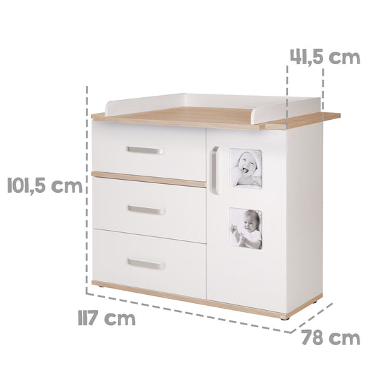 Babymöbel-Set 'Pia', 2-tlg, inkl. Kombi-Bett 70 x 140 cm & breiter Wickelkommode, Weiß / San Remo Eiche