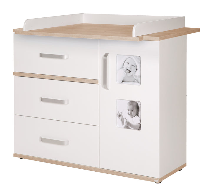 Conjunto de muebles para bebé 'Pia', 2 piezas, incluye cama combinada de 70 x 140 cm y cambiador ancho, blanco / roble San Remo