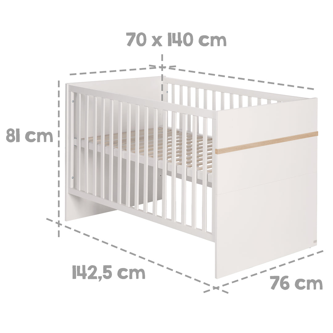 Cama infantil combinada 'Pia', 70 x 140 cm, blanca, ajustable en altura/convertible, 3 barrotes extraíbles