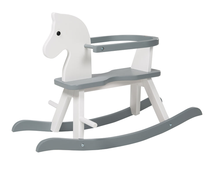 Cavallo a dondolo, legno massiccio, bianco/grigio, cresce con il cavallo, anello di protezione rimovibile