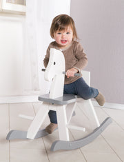 Rocking horse made of solid wood, white / gray, grows with the child, removable protective ring, from 1 year