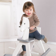 Rocking horse made of solid wood, white / gray, grows with the child, removable protective ring, from 1 year