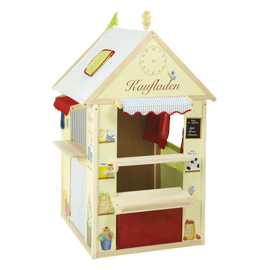 Spielhaus-Kombination, enthält Kaufladen, Kasperletheater, Tafel, Schalter für Post/Bank/Kiosk