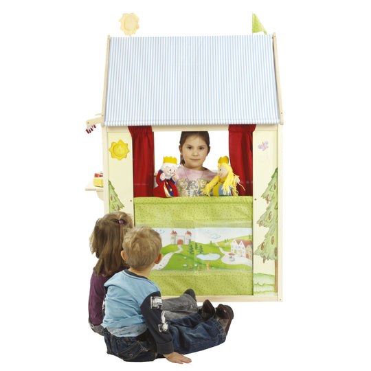 Spielhaus-Kombination, enthält Kaufladen, Kasperletheater, Tafel, Schalter für Post/Bank/Kiosk