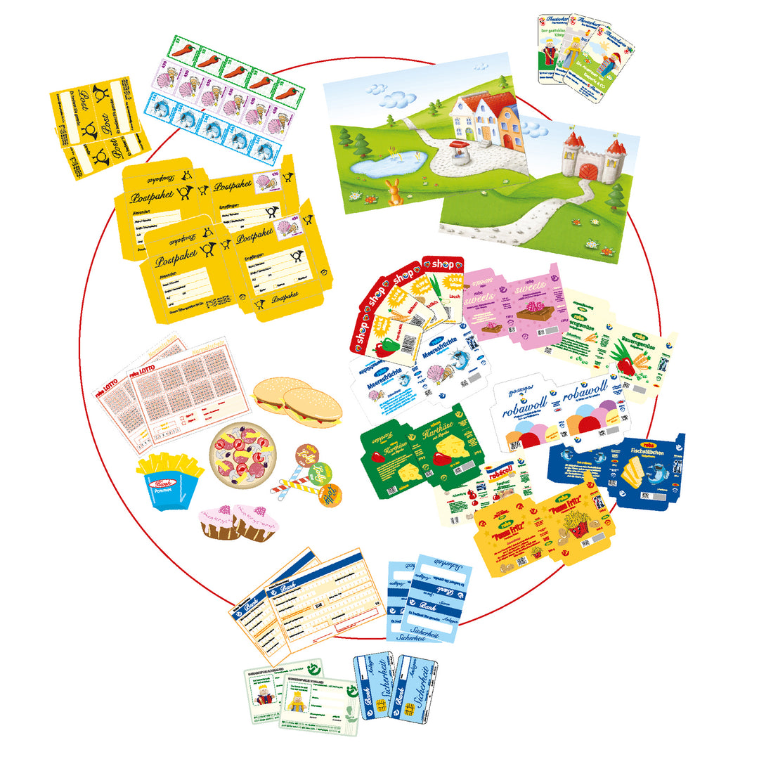 Spielhaus-Kombination, enthält Kaufladen, Kasperletheater, Tafel, Schalter für Post/Bank/Kiosk