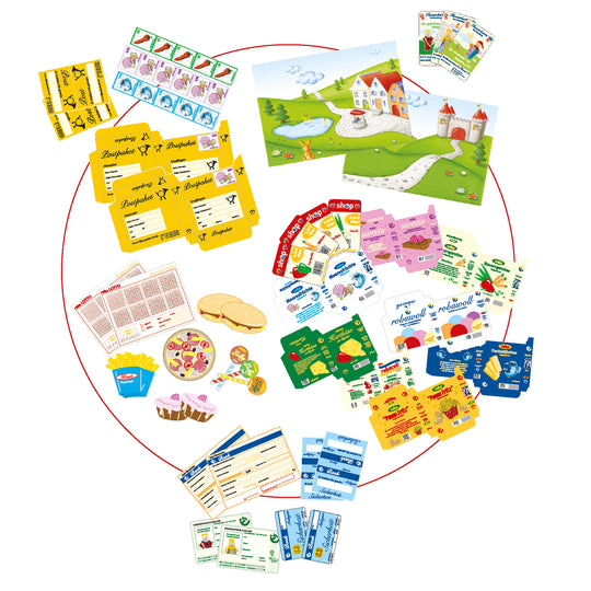 Spielhaus-Kombination, enthält Kaufladen, Kasperletheater, Tafel, Schalter für Post/Bank/Kiosk