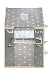 Spielhaus-Kombination, enthält Kaufladen, Kasperletheater, Tafel, Schalter für Post/Bank/Kiosk