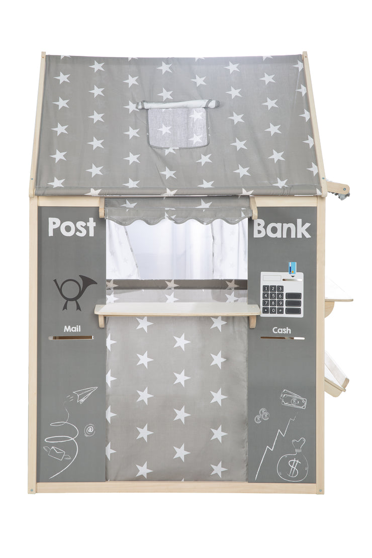 Spielhaus-Kombination, enthält Kaufladen, Kasperletheater, Tafel, Schalter für Post/Bank/Kiosk