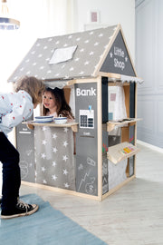 Spielhaus-Kombination, enthält Kaufladen, Kasperletheater, Tafel, Schalter für Post/Bank/Kiosk