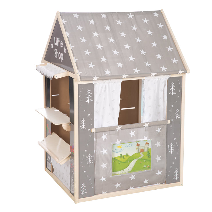 Spielhaus-Kombination, enthält Kaufladen, Kasperletheater, Tafel, Schalter für Post/Bank/Kiosk