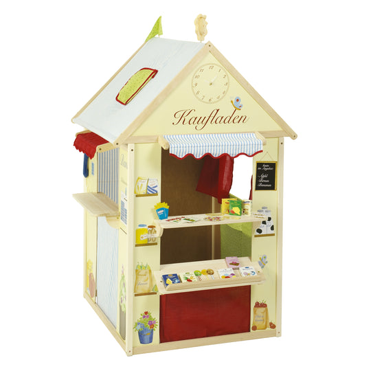 Spielhaus-Kombination, enthält Kaufladen, Kasperletheater, Tafel, Schalter für Post/Bank/Kiosk
