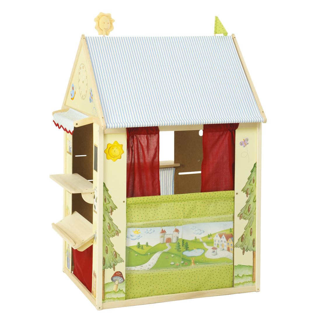 Spielhaus-Kombination, enthält Kaufladen, Kasperletheater, Tafel, Schalter für Post/Bank/Kiosk