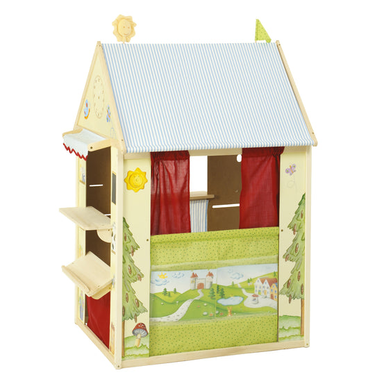 Spielhaus-Kombination, enthält Kaufladen, Kasperletheater, Tafel, Schalter für Post/Bank/Kiosk
