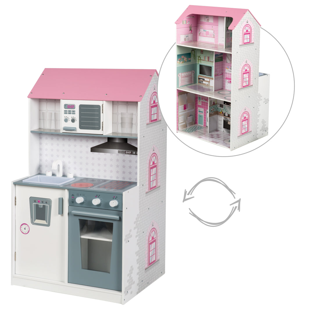 Playhouse 2-in-1, Reversible Dollhouse & Play Kitchen, Large Doll Villa and Play Kitchen in One
