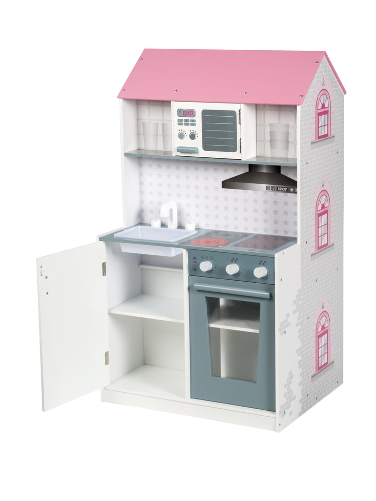 Playhouse 2 in 1, reversible dollhouse & children's kitchen, large dolls villa and play kitchen in one