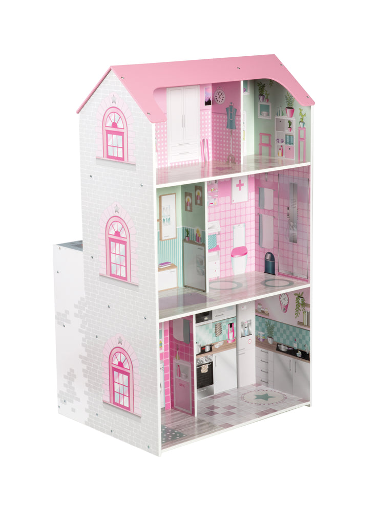 Playhouse 2 in 1, reversible dollhouse & children's kitchen, large dolls villa and play kitchen in one