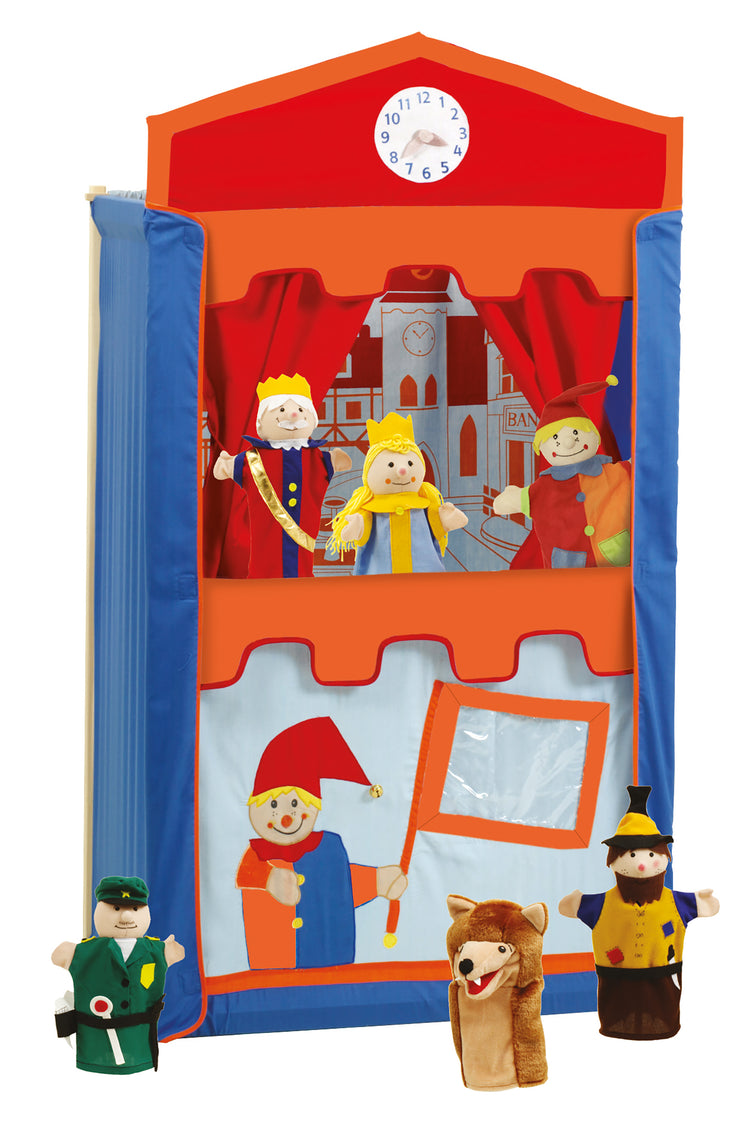 Puppentheater mit sechs Handpuppen aus Holz in den Farben blau, orange & rot