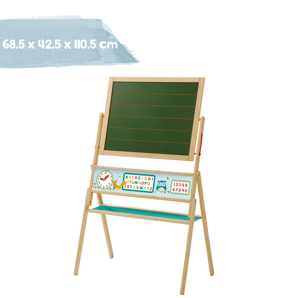 Pizarra 'ABC Búho', pizarra de pie giratoria con pizarra para escribir y pizarra magnética, madera, natural