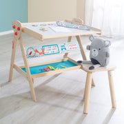 Tafel & Kinder-Sitz-Set 'Fuchs & Eule' wandelbar zu Tisch-Stuhl-Set, in Holz natur