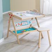 Tafel & Kinder-Sitz-Set 'Fuchs & Eule' wandelbar zu Tisch-Stuhl-Set, in Holz natur