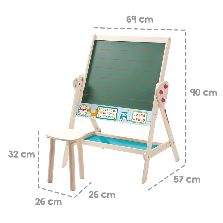 Tafel & Kinder-Sitz-Set 'Fuchs & Eule' wandelbar zu Tisch-Stuhl-Set, in Holz natur