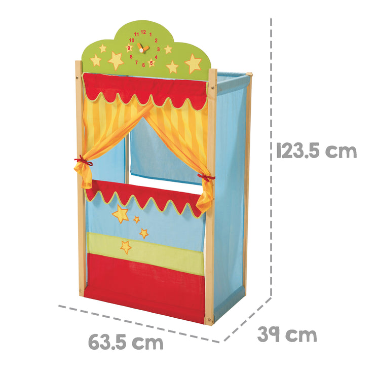 Théâtre de guignol avec horloge, théâtre guignol sur pied en bois massif avec revêtement en tissu