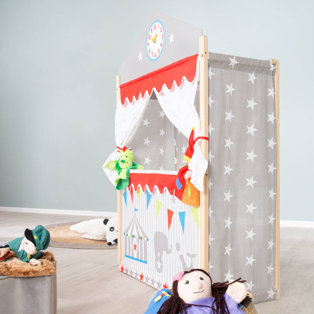 Teatro per bambini in legno, Kaspertheater indipendente con rivestimento in tessuto