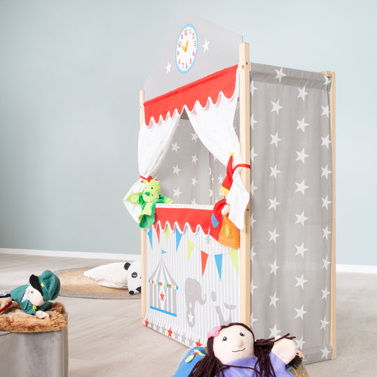 Teatro per bambini in legno, Kaspertheater indipendente con rivestimento in tessuto