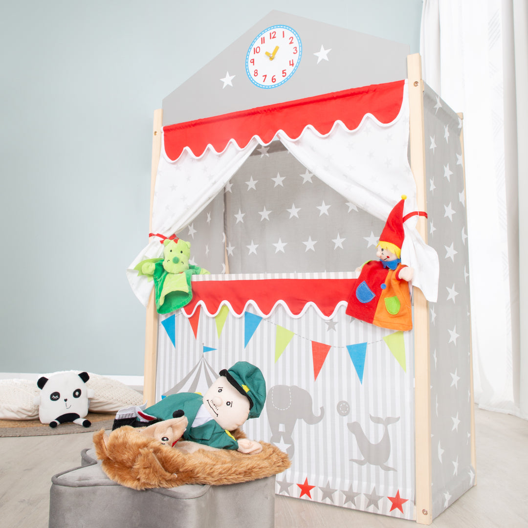 Teatro per bambini in legno, Kaspertheater indipendente con rivestimento in tessuto