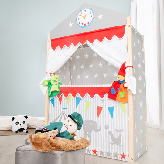Teatro per bambini in legno, Kaspertheater indipendente con rivestimento in tessuto