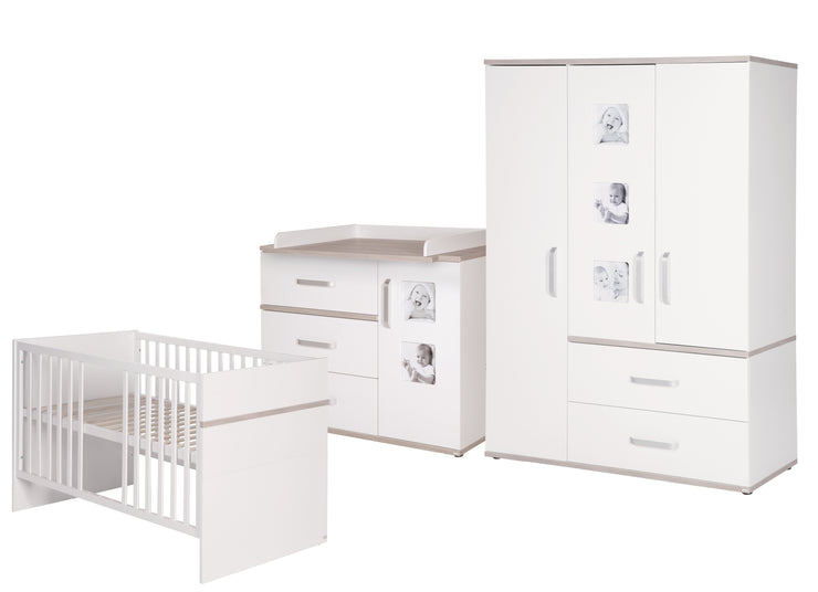 Children's furniture set 'Moritz', 3 pieces, with cot 70 x 140 cm, wrap dresser wide & cabinet, white