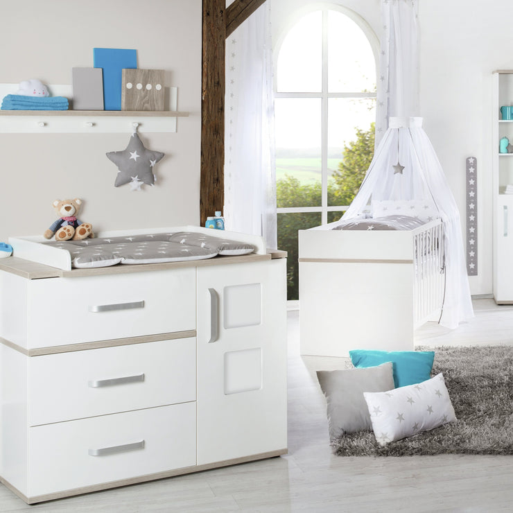 Children's furniture set 'Moritz', 3 pieces, with cot 70 x 140 cm, wrap dresser wide & cabinet, white