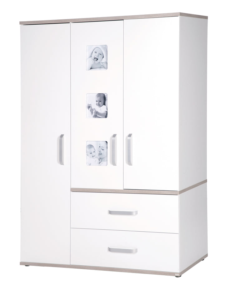 Wardrobe 'Moritz', 3-door cupboard with 3 picture frames, white & 'Luna Elm'