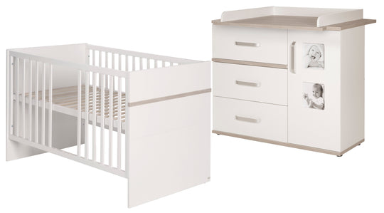 Kindermöbelset 'Moritz‘, 2-teilig, Kinderbett 70 x 140 cm & Wickelkommode breit, weiß/Luna Elm
