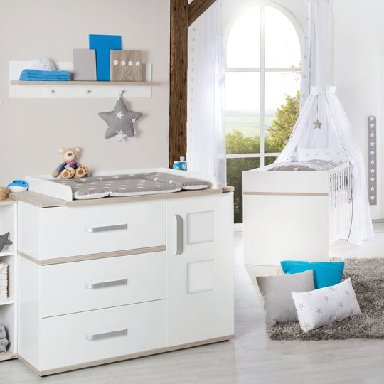 Kindermöbelset 'Moritz‘, 2-teilig, Kinderbett 70 x 140 cm & Wickelkommode breit, weiß/Luna Elm