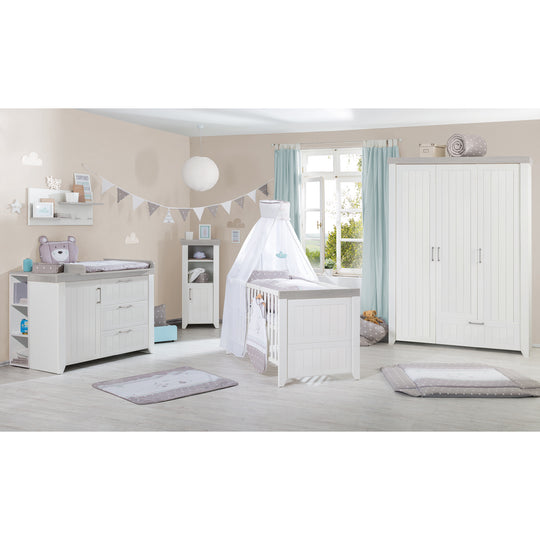 Armoire 'Wilma', 1 tiroir, 3 portes battantes, meubles pour enfants, armoire en blanc / Luna Elm