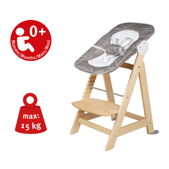 Treppenhochstuhl 'Born Up', Set 2in1, 'Sternenzauber', mit Liegefunktion, ab Geburt, natur
