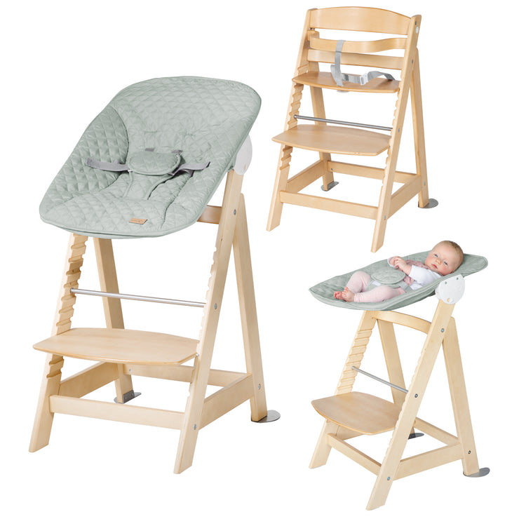 Treppenhochstuhl 'Born Up' Set 2in1, natur, mit Liegefunktion/ -aufsatz 'roba Style' frosty green