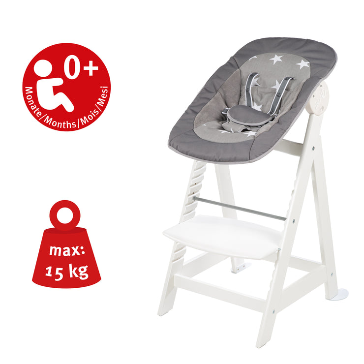 Treppenhochstuhl 'Born Up', Set 2in1, 'Little Stars' Hochstuhl mit Liegefunktion, ab Geburt, weiß