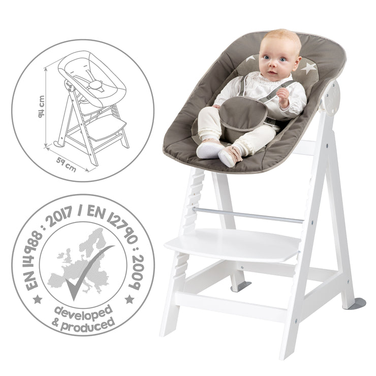 Treppenhochstuhl 'Born Up', Set 2in1, 'Little Stars' Hochstuhl mit Liegefunktion, ab Geburt, weiß
