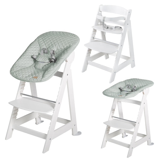 Trona escalonada 'Born Up' Set 2 en 1, blanca, con función de reclinado/ accesorio 'roba Style' verde escarchado