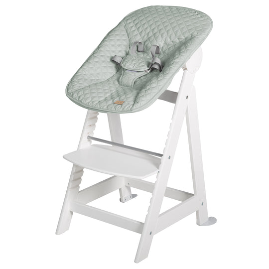 Trona escalonada 'Born Up' Set 2 en 1, blanca, con función de reclinado/ accesorio 'roba Style' verde escarchado