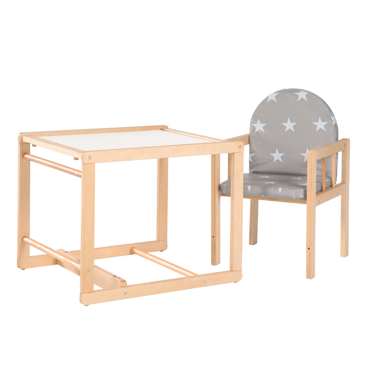 Trona combinada 'Little Stars', trona convertible en mesa y silla, madera natural, asiento tapizado