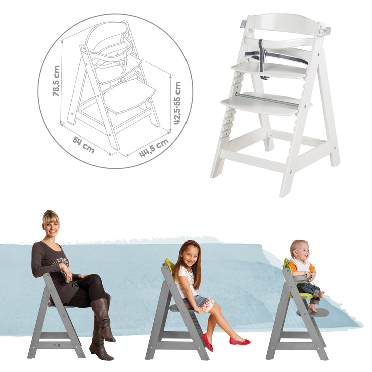 Seggiolone "Sit Up Click e Fun" incl. tavolo da pranzo e appendiabiti, chiusura a scatto, cresce con il bambino, bianco