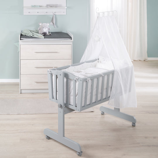 Complete Cradle Set 'Star Magic', 40 x 90 cm, Taupe, Locking Knob, Including Brake Roller Set