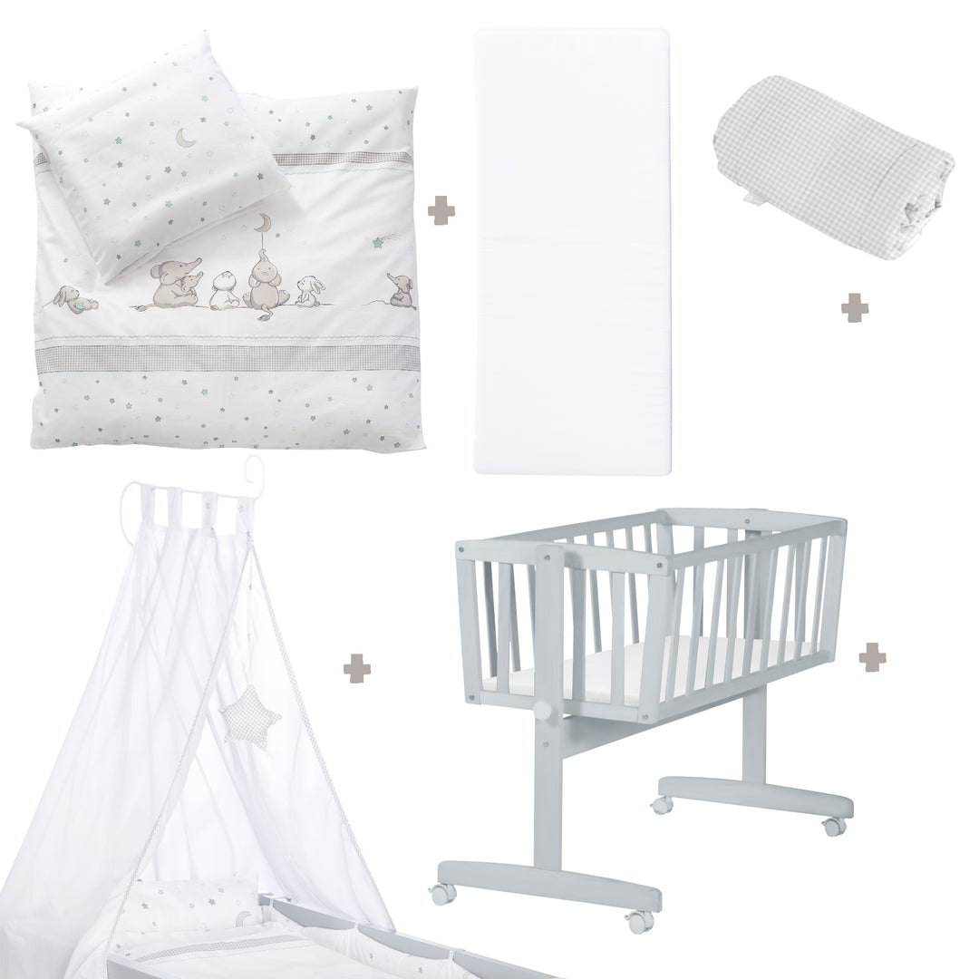 Complete Cradle Set 'Star Magic', 40 x 90 cm, Taupe, Locking Knob, Including Brake Roller Set